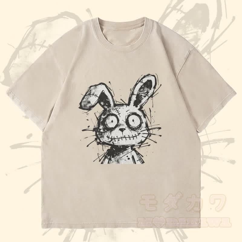 MODAKAWA Unisex-T-Shirt mit gesticktem Hasenmotiv im Vintage-Stil - Beige - 4XL - image 2