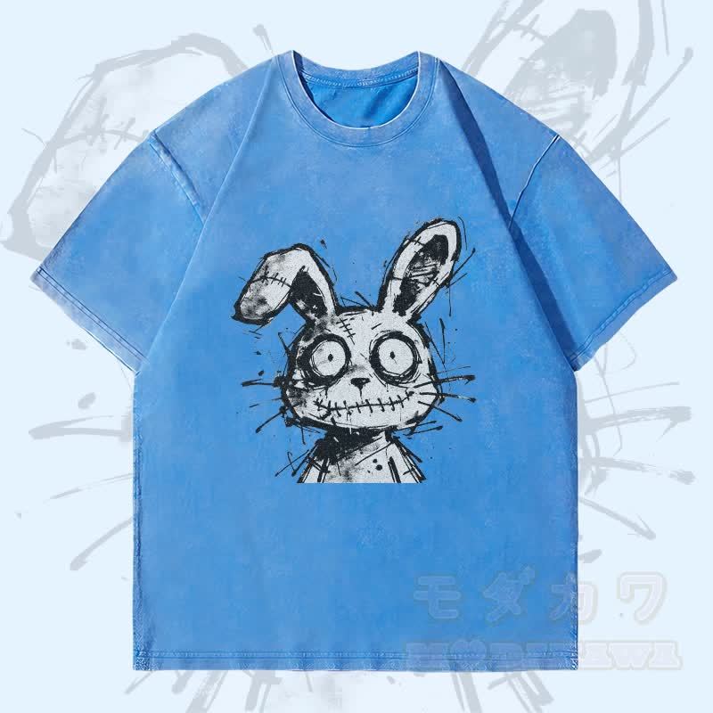 MODAKAWA Unisex-T-Shirt mit gesticktem Hasenmotiv im Vintage-Stil - Blau - 4XL - image 1