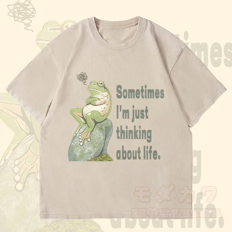 MODAKAWA Thinking Frog Grafik Unisex Vintage Washed T-Shirt - Beige - 4XL - image 2