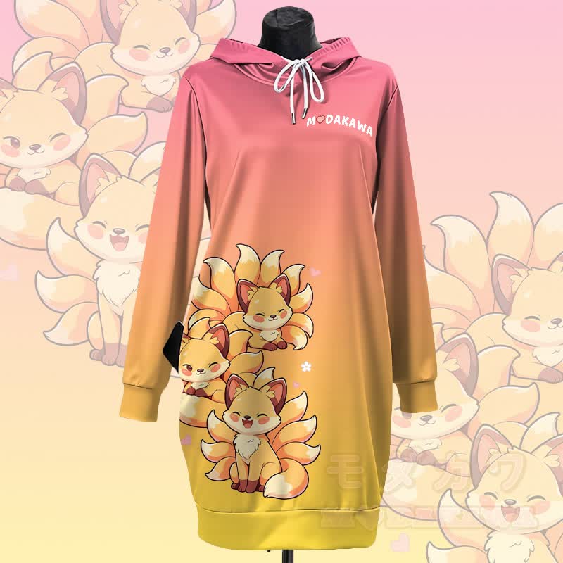 MODAKAWA Kapuzenpulloverkleid mit Farbverlauf und Seitentaschen in Form eines niedlichen neunschwänzigen Fuchses - Rosa & Gelb - 4XL - image 1