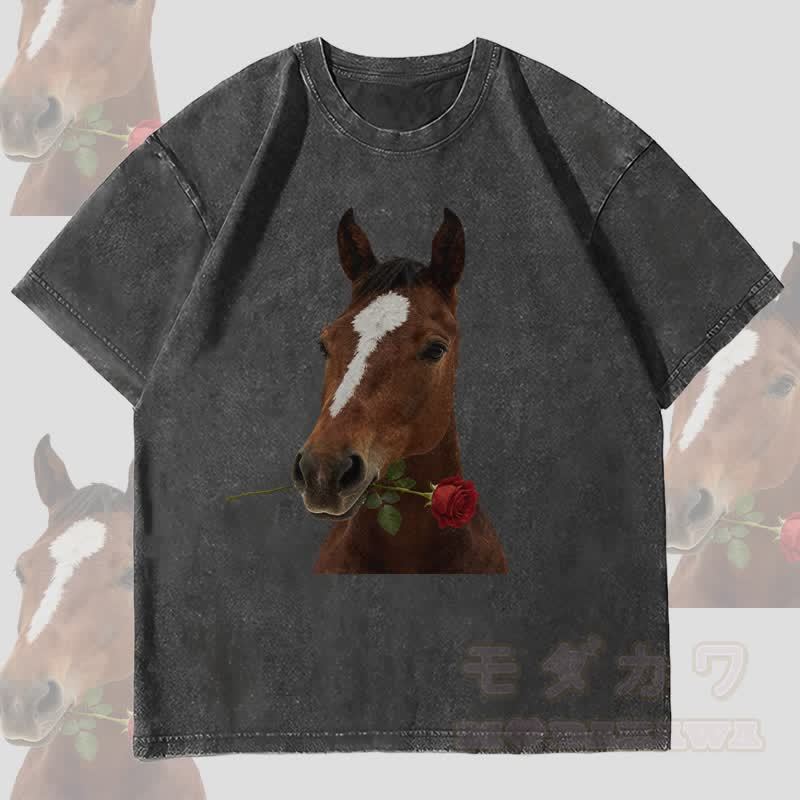 MODAKAWA Unisex-T-Shirt mit Pferde- und Rosenmotiv im Vintage-Stil - Schwarz - 4XL - image 4