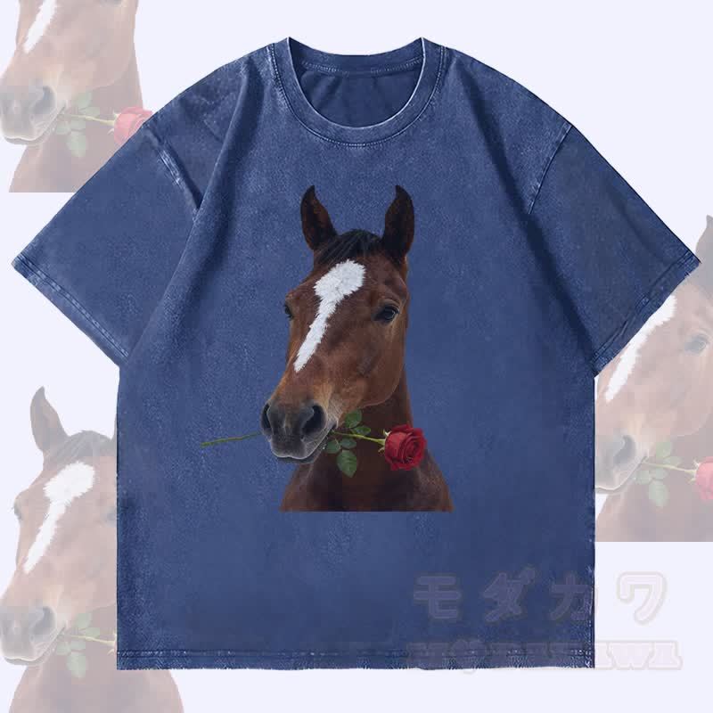 MODAKAWA Unisex-T-Shirt mit Pferde- und Rosenmotiv im Vintage-Stil - Dunkelblau - 4XL - image 2