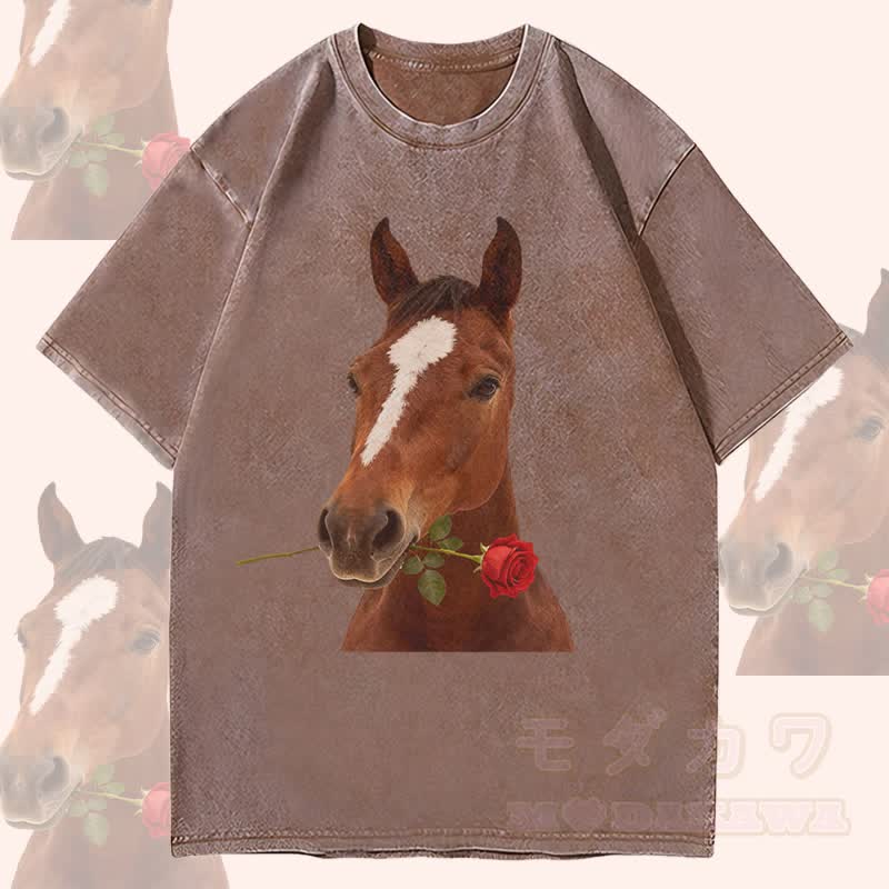 MODAKAWA Unisex-T-Shirt mit Pferde- und Rosenmotiv im Vintage-Stil - Braun - 4XL - image 1