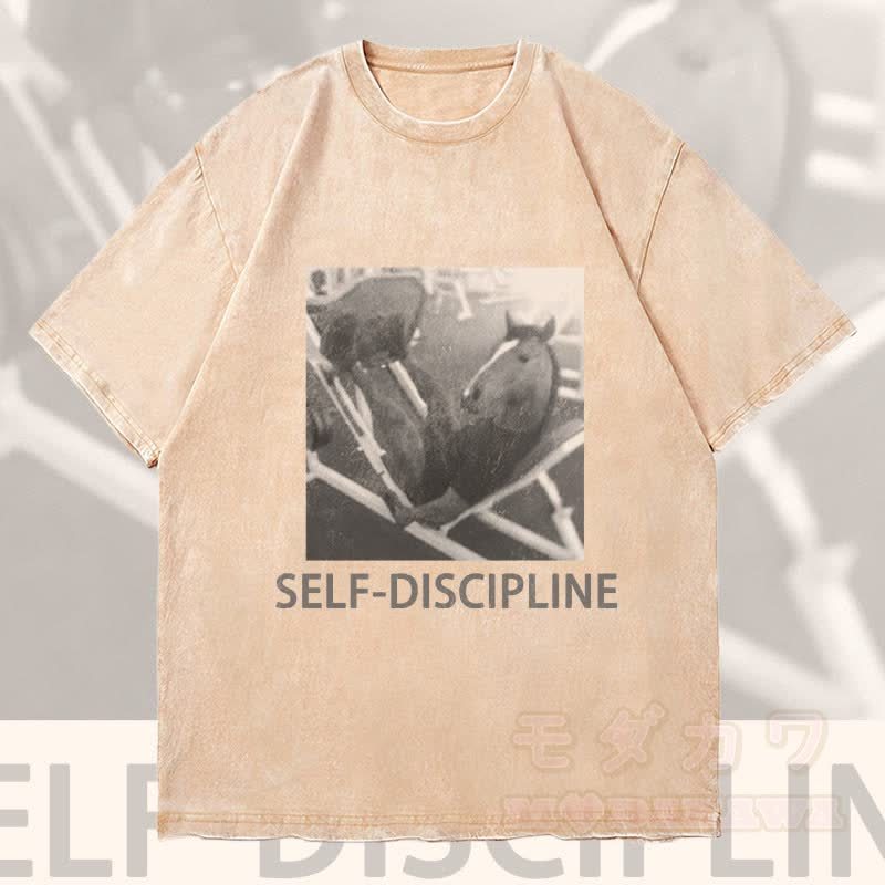 MODAKAWA SELBSTDISZIPLIN Pferde-Grafik Unisex Vintage Washed T-Shirt - Aprikose - 4XL - image 2
