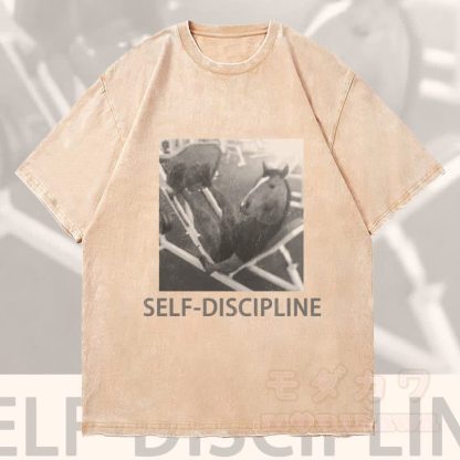 MODAKAWA SELBSTDISZIPLIN Pferde-Grafik Unisex Vintage Washed T-Shirt - Aprikose - 4XL - image 2