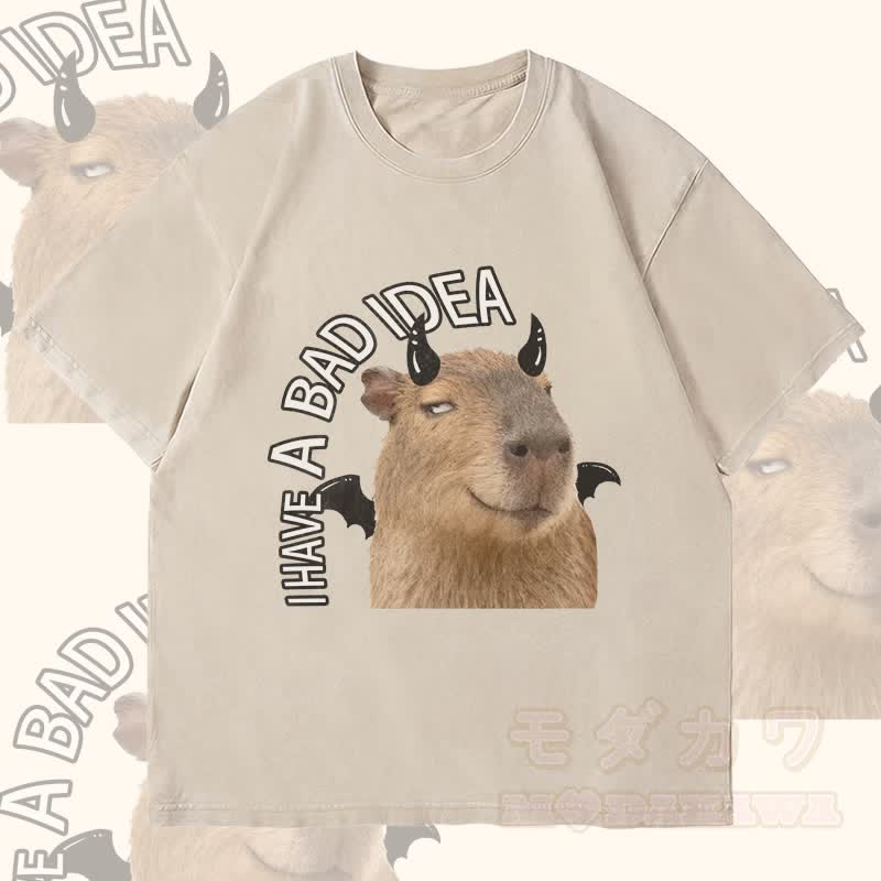 MODAKAWA ICH HABE EINE SCHLECHTE IDEE Teufels-Capybara-Grafik Unisex Vintage Washed T-Shirt - Beige - 4XL - image 2
