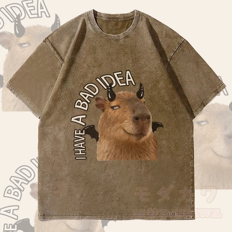MODAKAWA ICH HABE EINE SCHLECHTE IDEE Teufels-Capybara-Grafik Unisex Vintage Washed T-Shirt - Dunkelbraun - 4XL - image 1
