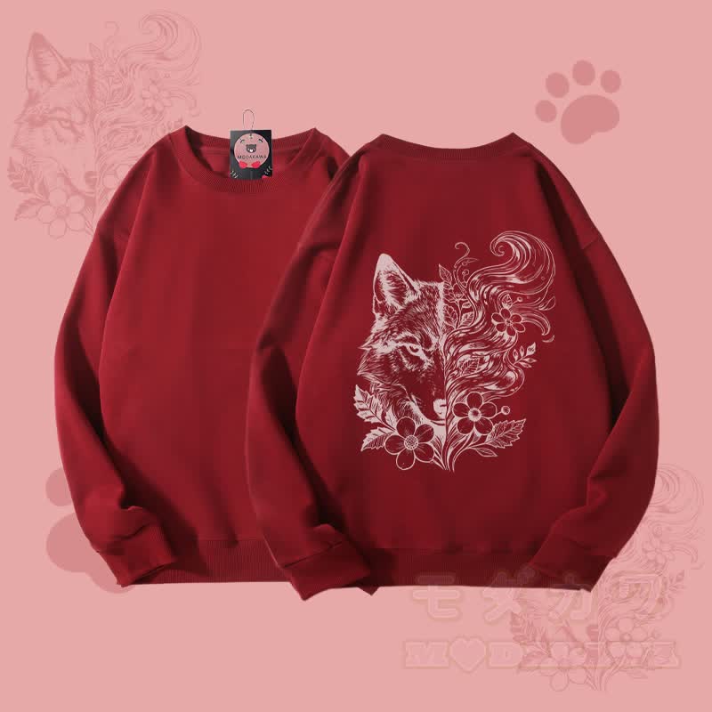 MODAKAWA Unisex-Sweatshirt mit Blumen- und Wolfsmotiv - Weinrot - 5XL - image 2