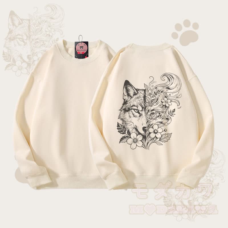 MODAKAWA Unisex-Sweatshirt mit Blumen- und Wolfsmotiv - Beige - 5XL - image 1
