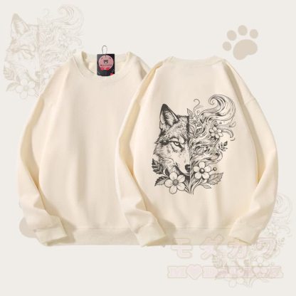 MODAKAWA Unisex-Sweatshirt mit Blumen- und Wolfsmotiv - Beige - 5XL - image 1