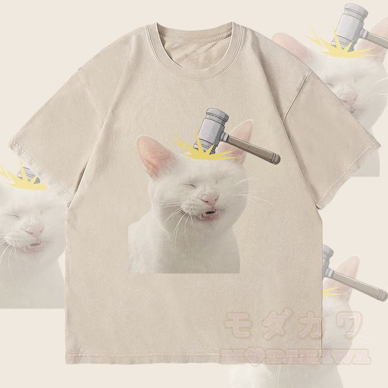 MODAKAWA Unisex-T-Shirt mit Bonked Cat-Motiv im Vintage-Stil - Beige - 4XL - image 2