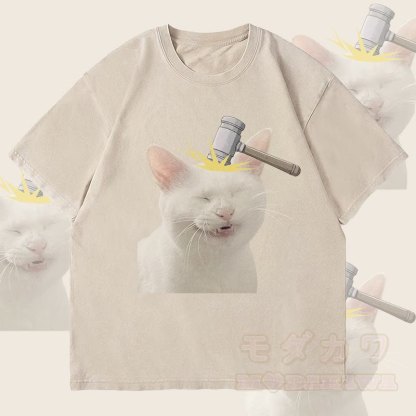 MODAKAWA Unisex-T-Shirt mit Bonked Cat-Motiv im Vintage-Stil - Beige - 4XL - image 2