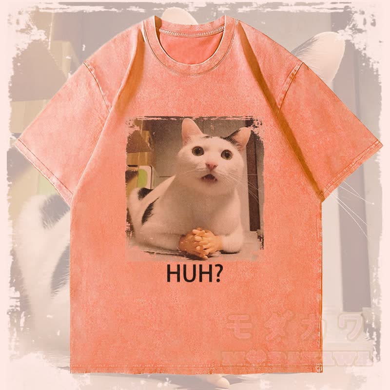 MODAKAWA HUH Verwirrte Katze Grafik Unisex Vintage Washed T-Shirt - Orange - 4XL - image 1