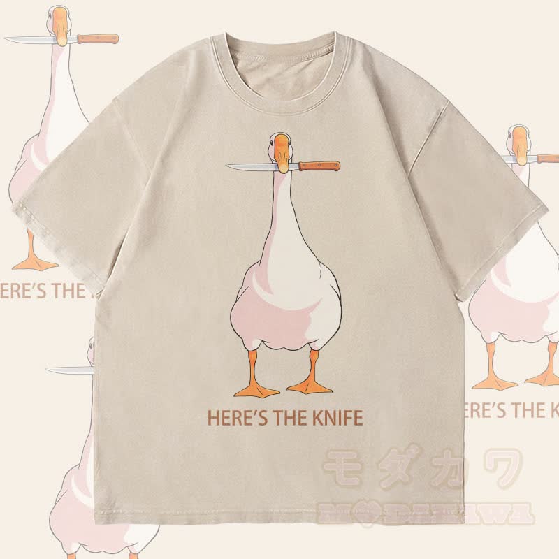 MODAKAWA HIER IST DAS MESSER Gänse-Grafik Unisex Vintage Washed T-Shirt - Beige - 4XL - image 2