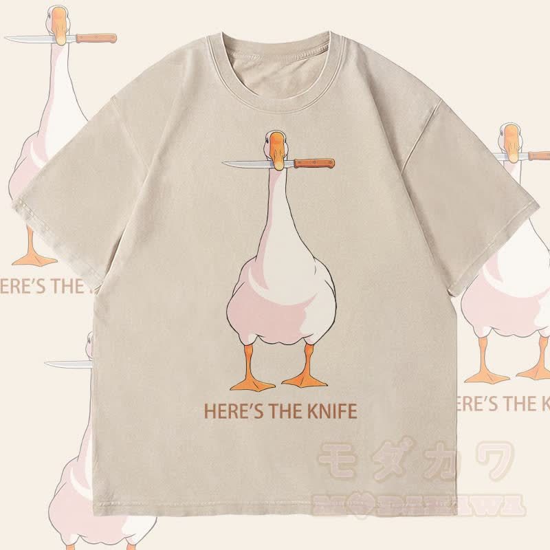 MODAKAWA HIER IST DAS MESSER Gänse-Grafik Unisex Vintage Washed T-Shirt - Beige - 4XL - image 2
