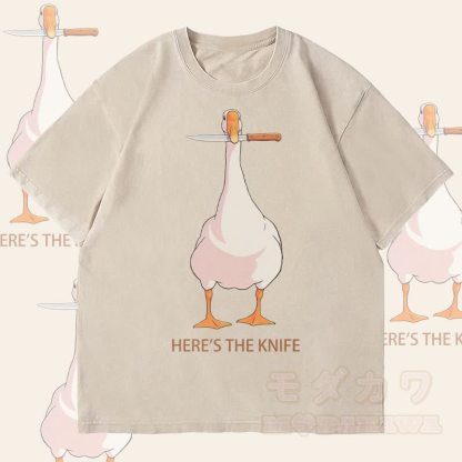 MODAKAWA HIER IST DAS MESSER Gänse-Grafik Unisex Vintage Washed T-Shirt - Beige - 4XL - image 2