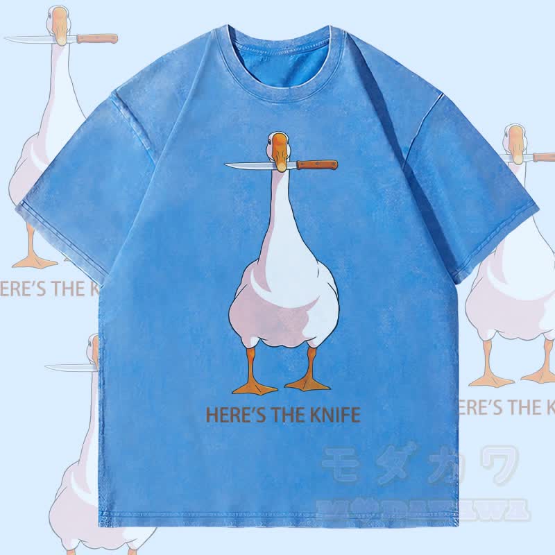 MODAKAWA HIER IST DAS MESSER Gänse-Grafik Unisex Vintage Washed T-Shirt - Blau - 4XL - image 1