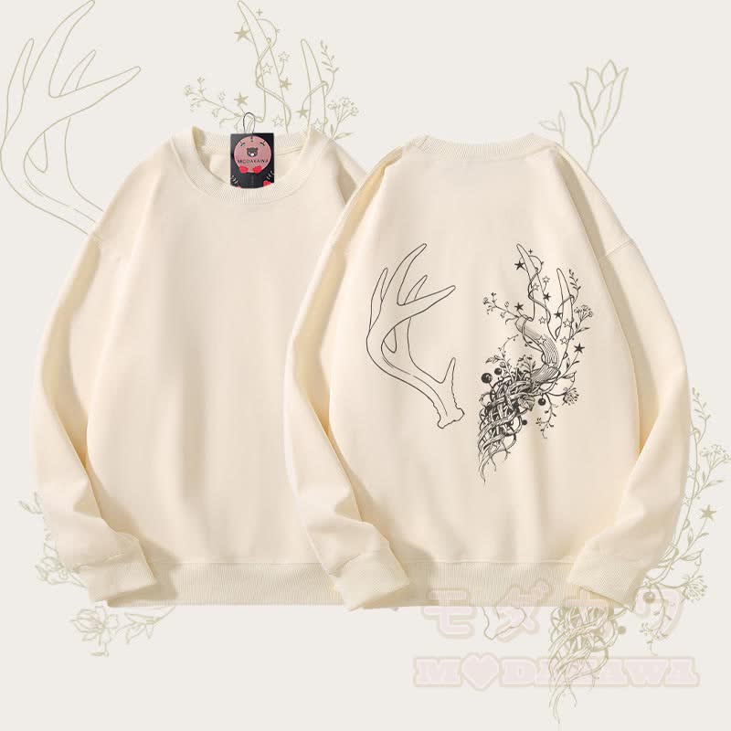 MODAKAWA Unisex-Sweatshirt mit Blumen- und Geweih-Motiv - Beige - 5XL - image 2