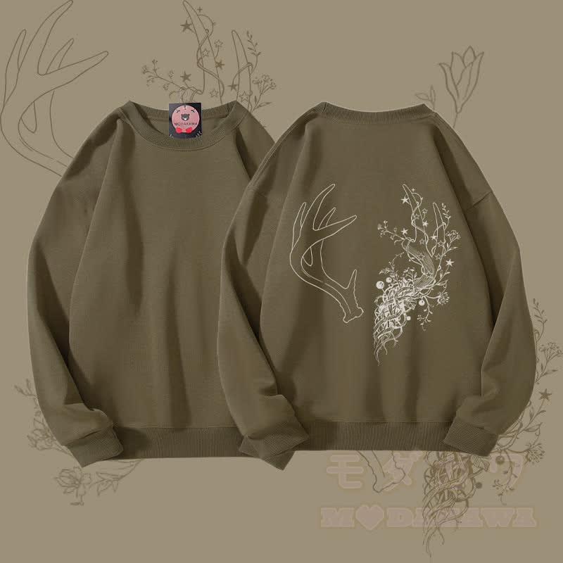 MODAKAWA Unisex-Sweatshirt mit Blumen- und Geweih-Motiv - Dunkelkhaki - 5XL - image 1
