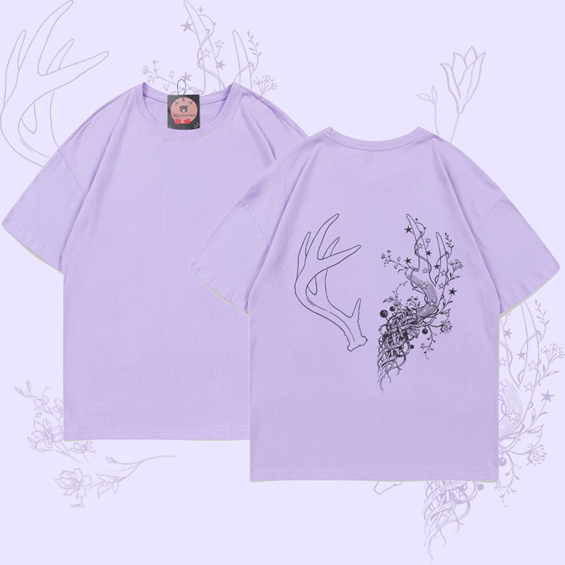 MODAKAWA T-Shirt mit Blumen- und Geweihgrafik - Purple - 5XL - image 1