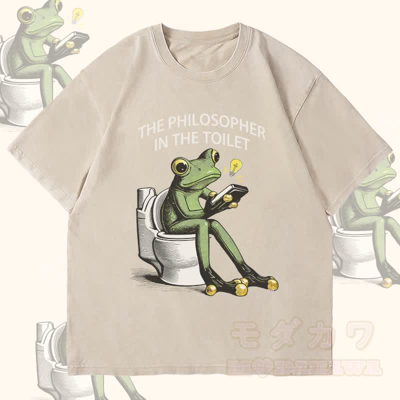 MODAKAWA DER PHILOSOPH AUF DER TOILETTE Frosch-Grafik Unisex Vintage Washed T-Shirt - Beige - 4XL - image 2