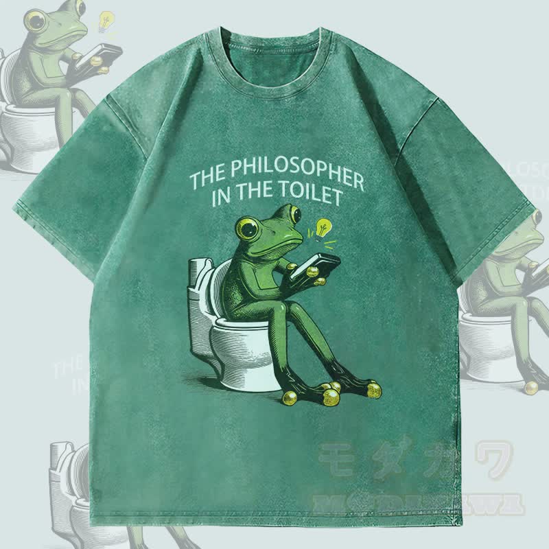 MODAKAWA DER PHILOSOPH AUF DER TOILETTE Frosch-Grafik Unisex Vintage Washed T-Shirt - Grün - 4XL - image 1