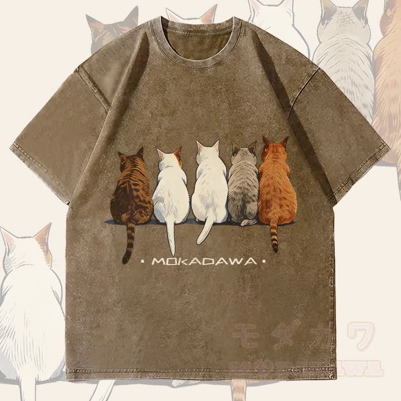 MODAKAWA Katzen sitzen zusammen Grafik Unisex Vintage Washed T-Shirt - Dunkelbraun - 4XL - image 2