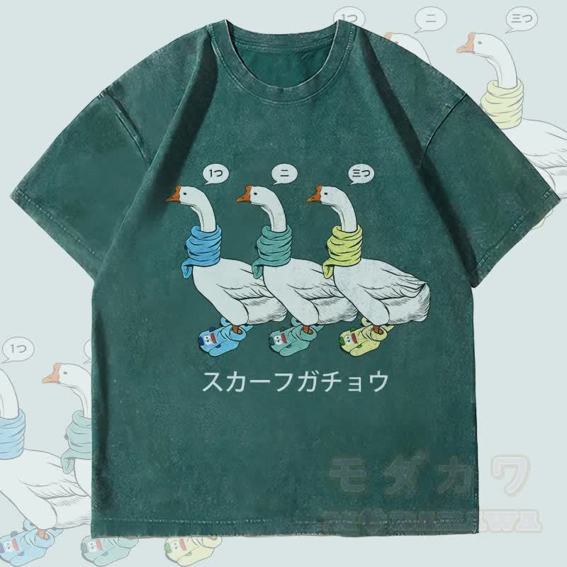 MODAKAWA Drei Schal Gänse Grafik Unisex Vintage Washed T-Shirt - Dunkelgrün - 4XL - image 2