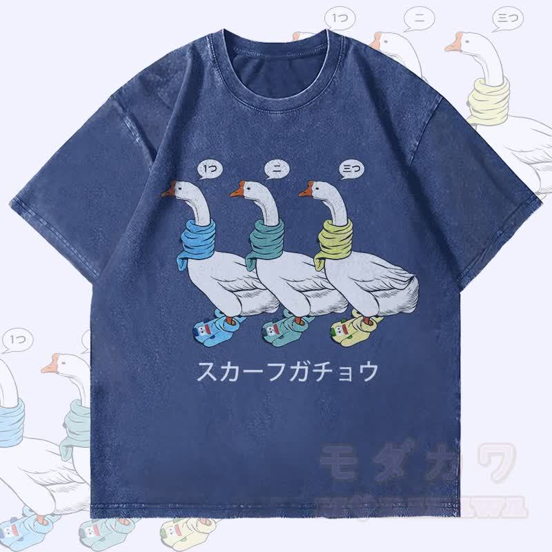 MODAKAWA Drei Schal Gänse Grafik Unisex Vintage Washed T-Shirt - Dunkelblau - 4XL - image 1