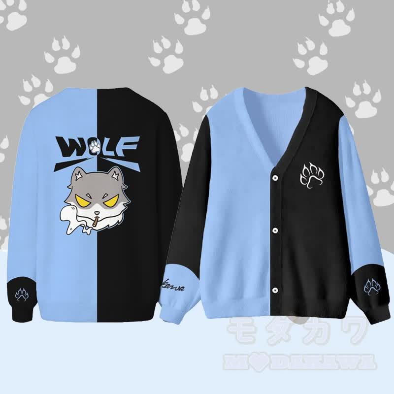 MODAKAWA Smoking Wolf Grafik-Strickjacke Top - Blau - 4XL - image 2