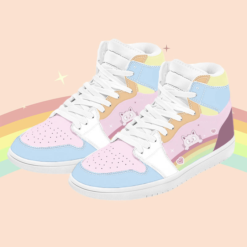 MODAKAWA Rainbow Cat Graphic Farben Block High Top Canvas Schuhe - Pink B - 48 - image 2