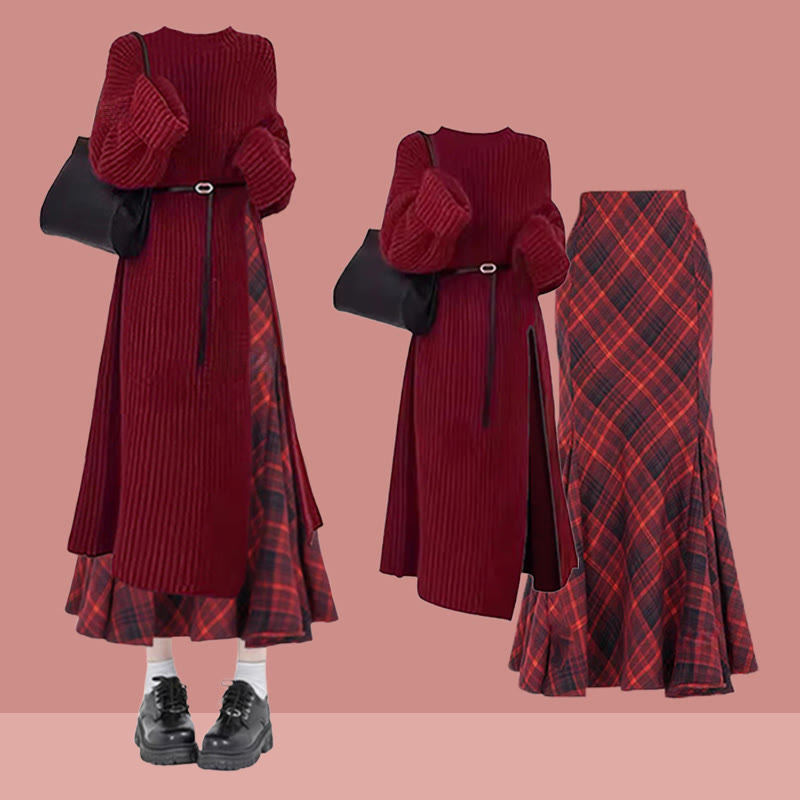 Strickkleid, karierter Rock, passendes Outfit - Set - XL - image 1