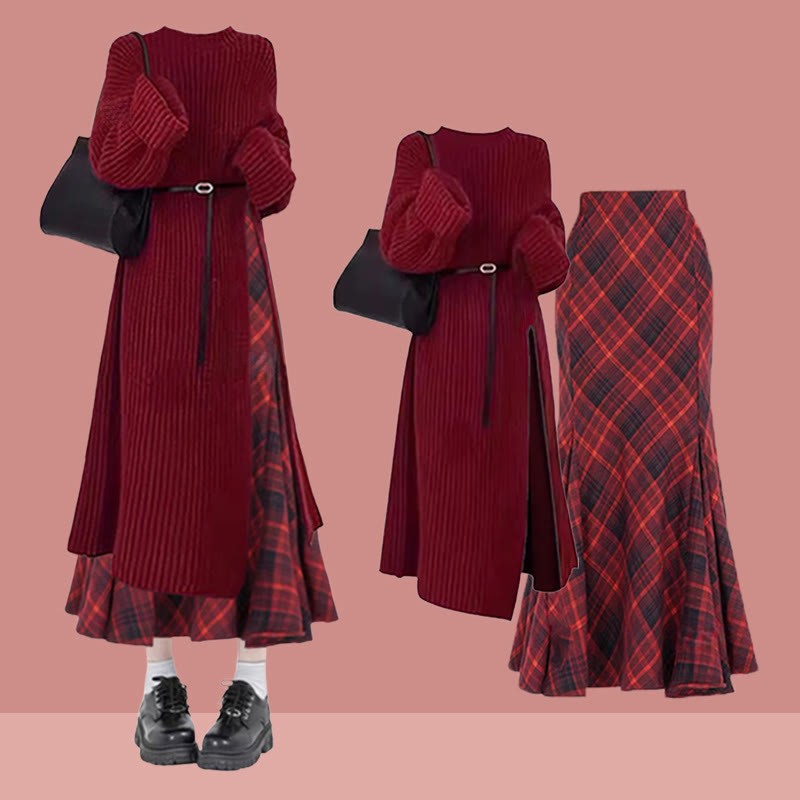 Strickkleid, karierter Rock, passendes Outfit - Set - XL - image 1