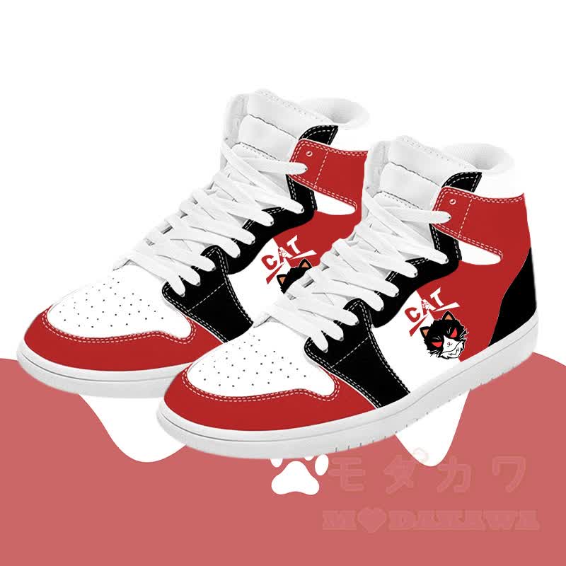MODAKAWA Black Cat Graphic Farben Block High Top Canvas Schuhe - Rot - 48 - image 1