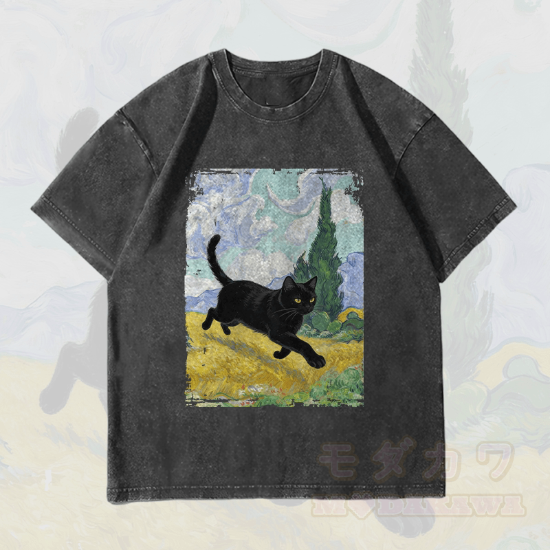 MODAKAWA Unisex-T-Shirt mit schwarzer Katze und Vintage-Waschung - Schwarz - 4XL - image 4