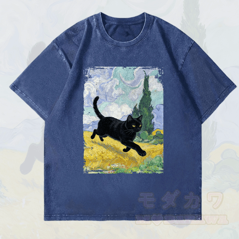 MODAKAWA Unisex-T-Shirt mit schwarzer Katze und Vintage-Waschung - Dunkelblau - 4XL - image 2