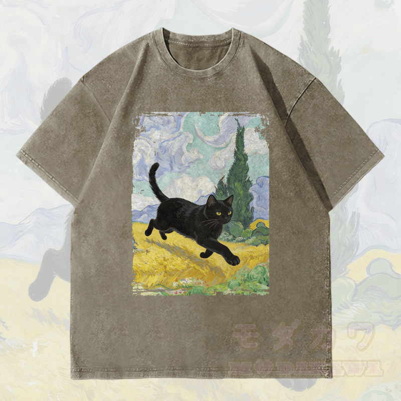 MODAKAWA Unisex-T-Shirt mit schwarzer Katze und Vintage-Waschung - Armeegrün - 4XL - image 3