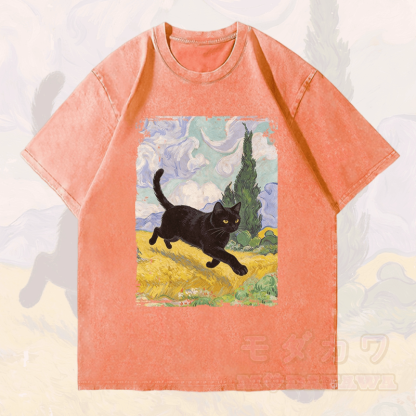 MODAKAWA Unisex-T-Shirt mit schwarzer Katze und Vintage-Waschung - Orange - 4XL - image 1