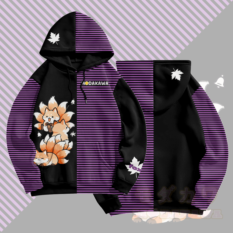 MODAKAWA Pullover-Hoodie mit Allover-Print und Streifenmuster des neunschwänzigen Fuchses - Lila - 5XL - image 3
