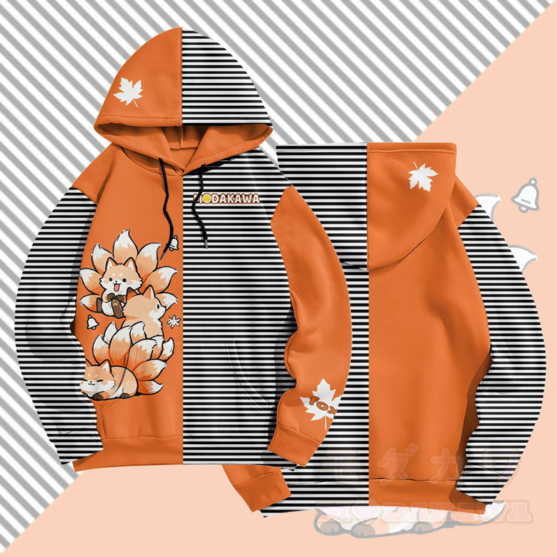 MODAKAWA Pullover-Hoodie mit Allover-Print und Streifenmuster des neunschwänzigen Fuchses - Orange & Schwarz - 5XL - image 2
