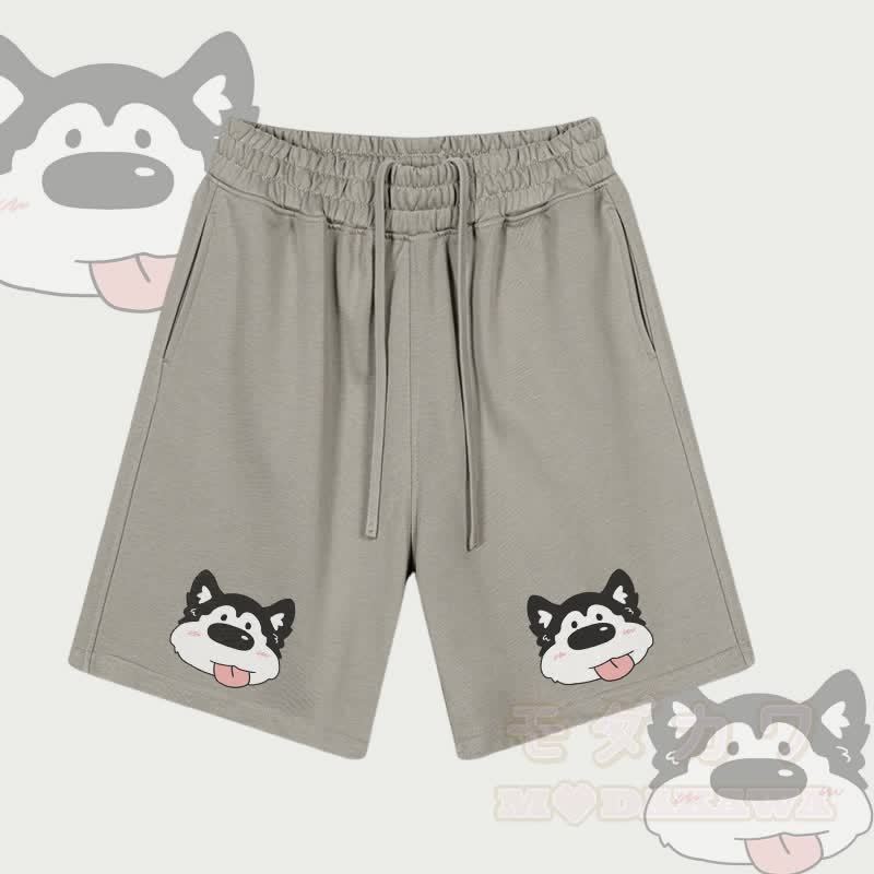 MODAKAWA Shorts mit Hundemotiv „Zunge raus“ und Kordelzug - Graubraun - 2XL - image 2