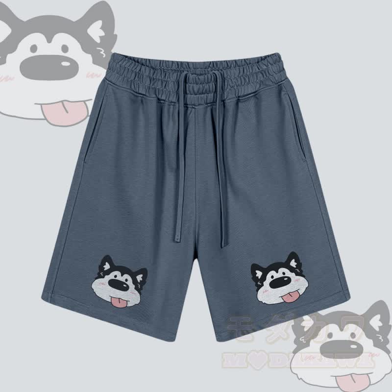 MODAKAWA Shorts mit Hundemotiv „Zunge raus“ und Kordelzug - Staubiges Blau - 2XL - image 1