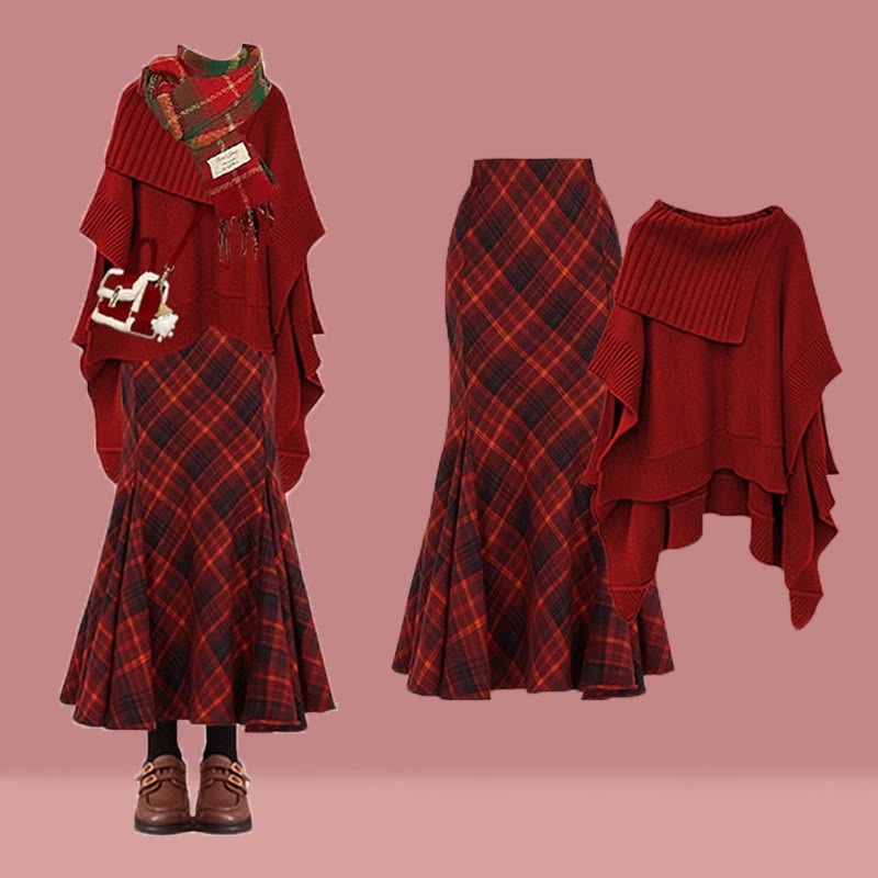 Strickpullover, karierter Meerjungfrauenrock, passendes Outfit - Set - XL - image 1