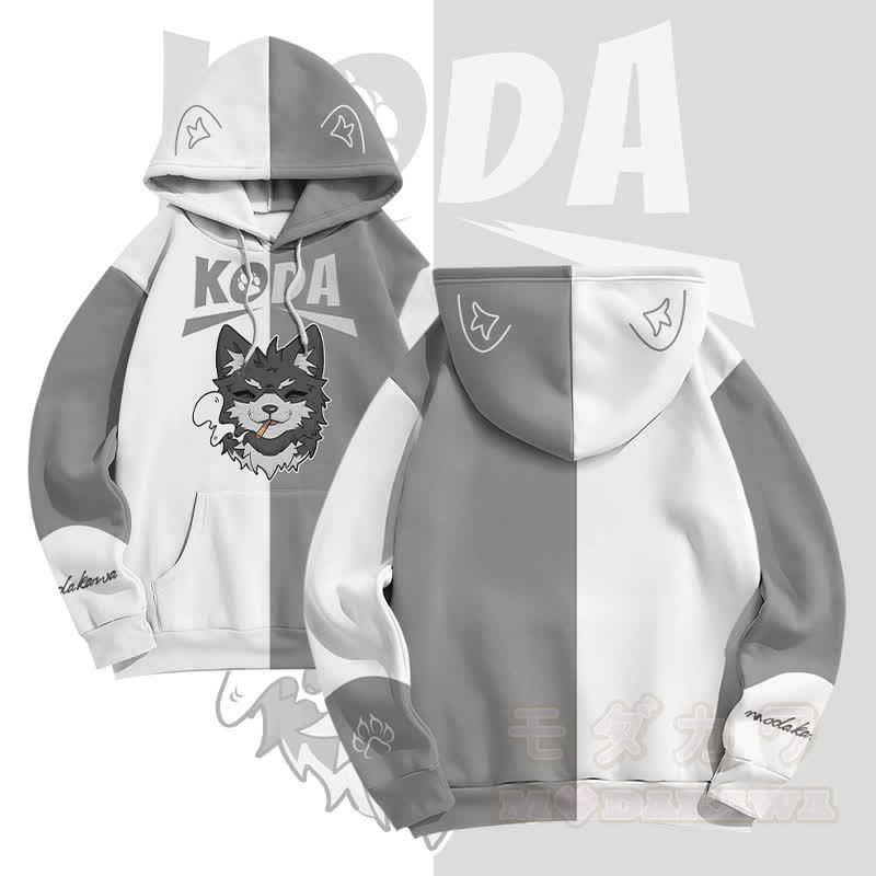 MODAKAWA KODA Pullover-Hoodie mit rauchendem Welpenmotiv und Allover-Print - Grau & Weiß - 5XL - image 2