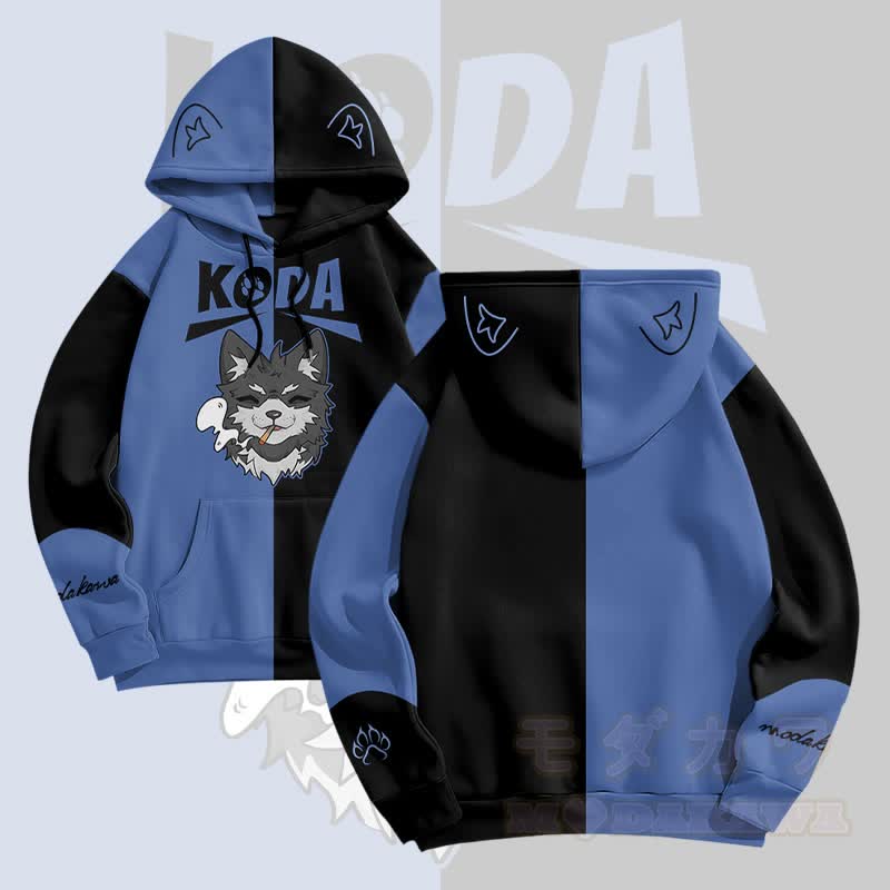 MODAKAWA KODA Pullover-Hoodie mit rauchendem Welpenmotiv und Allover-Print - Blau - 5XL - image 1