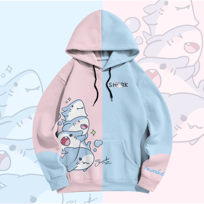 MODAKAWA Farben Block Pullover Hoodie mit verspieltem Hai-Grafikprint - Pink&Blue - 5XL - image 3