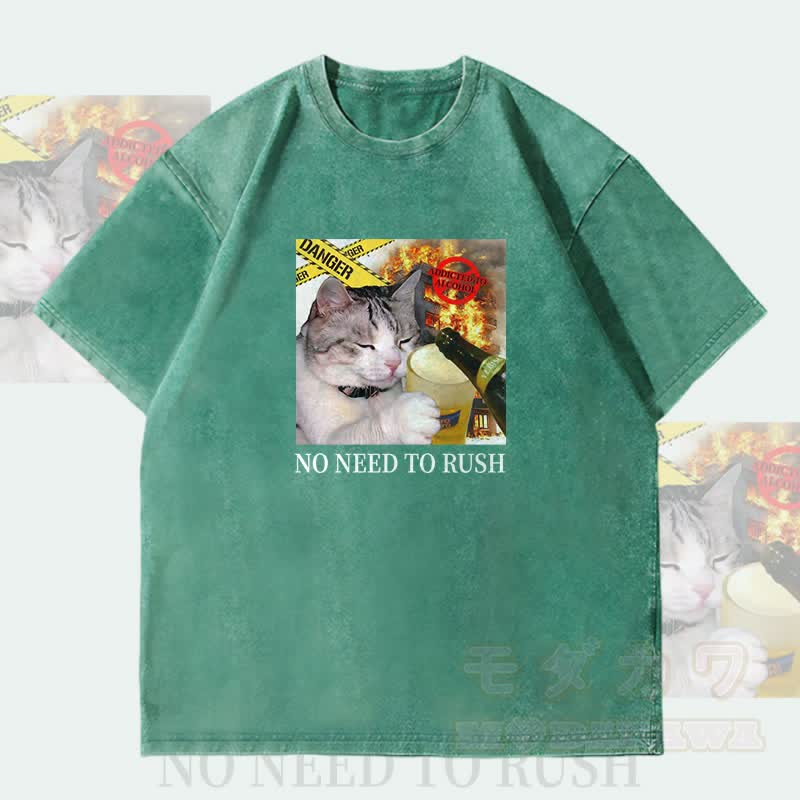 MODAKAWA NO NEED TO RUSH Trinkkatze Grafik Unisex Vintage Washed T-Shirt - Grün - 4XL - image 2
