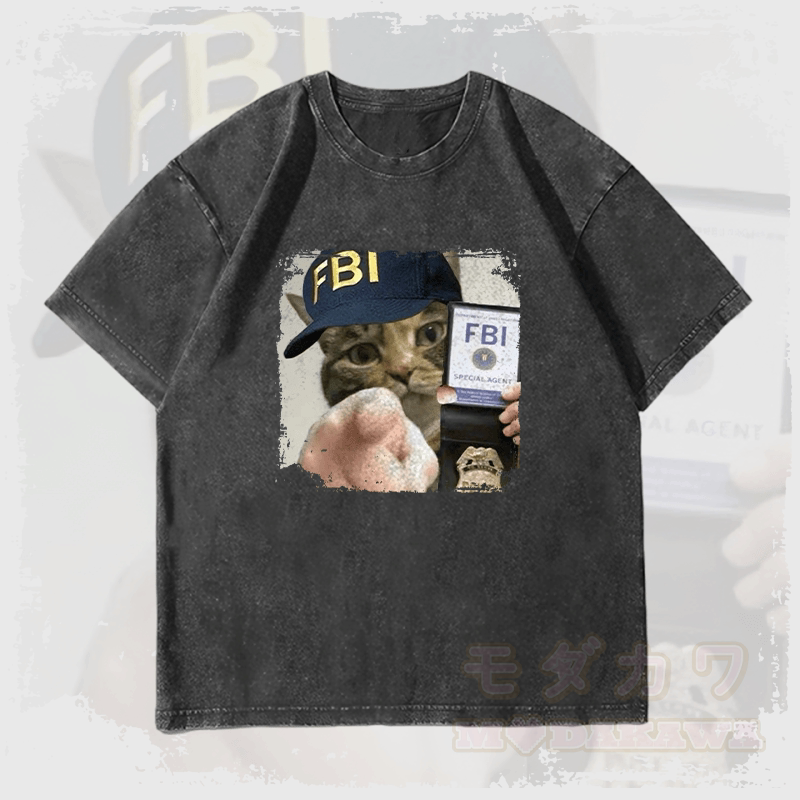 MODAKAWA FBI Katzen-Grafik Unisex Vintage Washed T-Shirt - Schwarz - 4XL - image 4