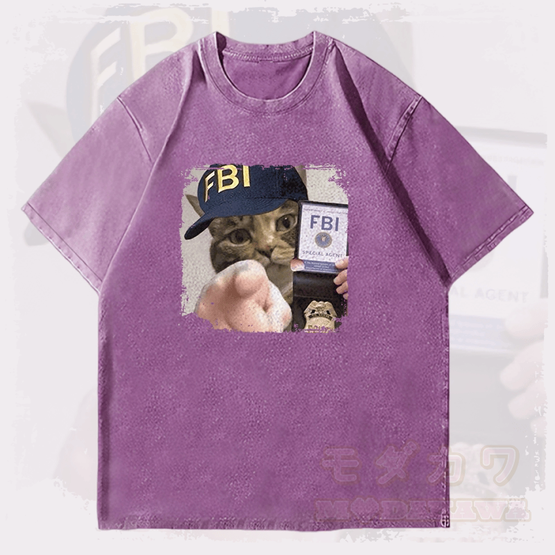 MODAKAWA FBI Katzen-Grafik Unisex Vintage Washed T-Shirt - Lila - 4XL - image 2