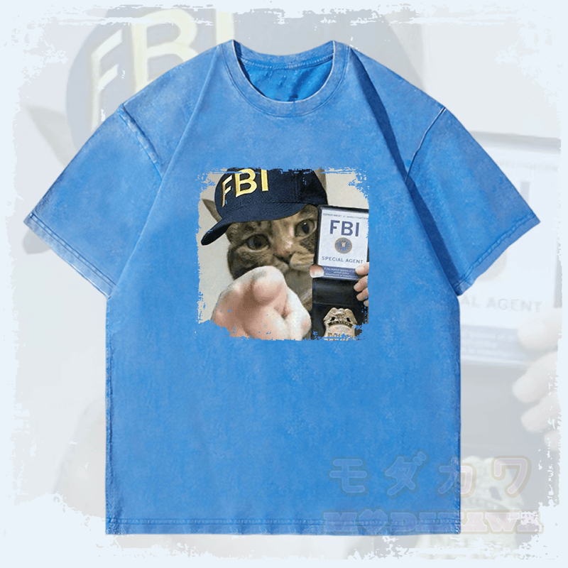 MODAKAWA FBI Katzen-Grafik Unisex Vintage Washed T-Shirt - Blau - 4XL - image 1